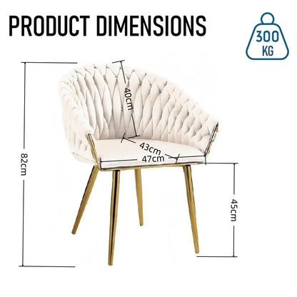 Serenità Ivory Modern Velvet Dining Chairs Upholstered Living Room Chair with Woven Back and Golden Metal Legs