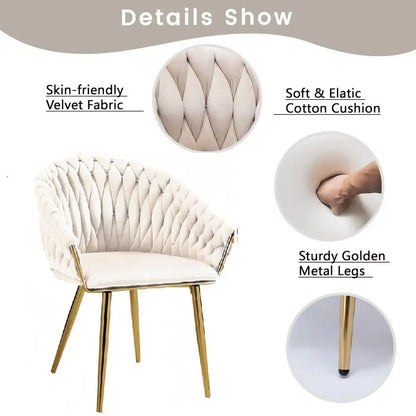 Serenità Ivory Modern Velvet Dining Chairs Upholstered Living Room Chair with Woven Back and Golden Metal Legs