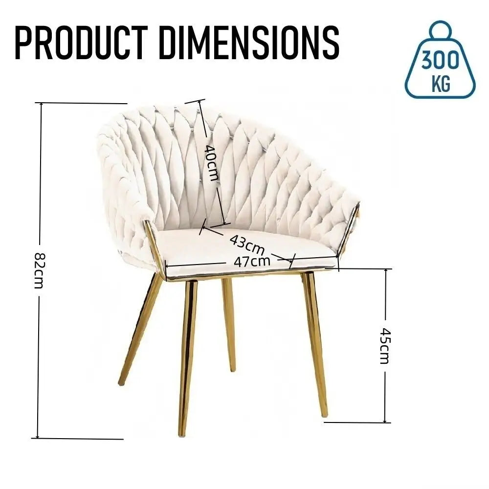 Serenità Ivory Modern Velvet Dining Chairs Upholstered Living Room Chair with Woven Back and Golden Metal Legs