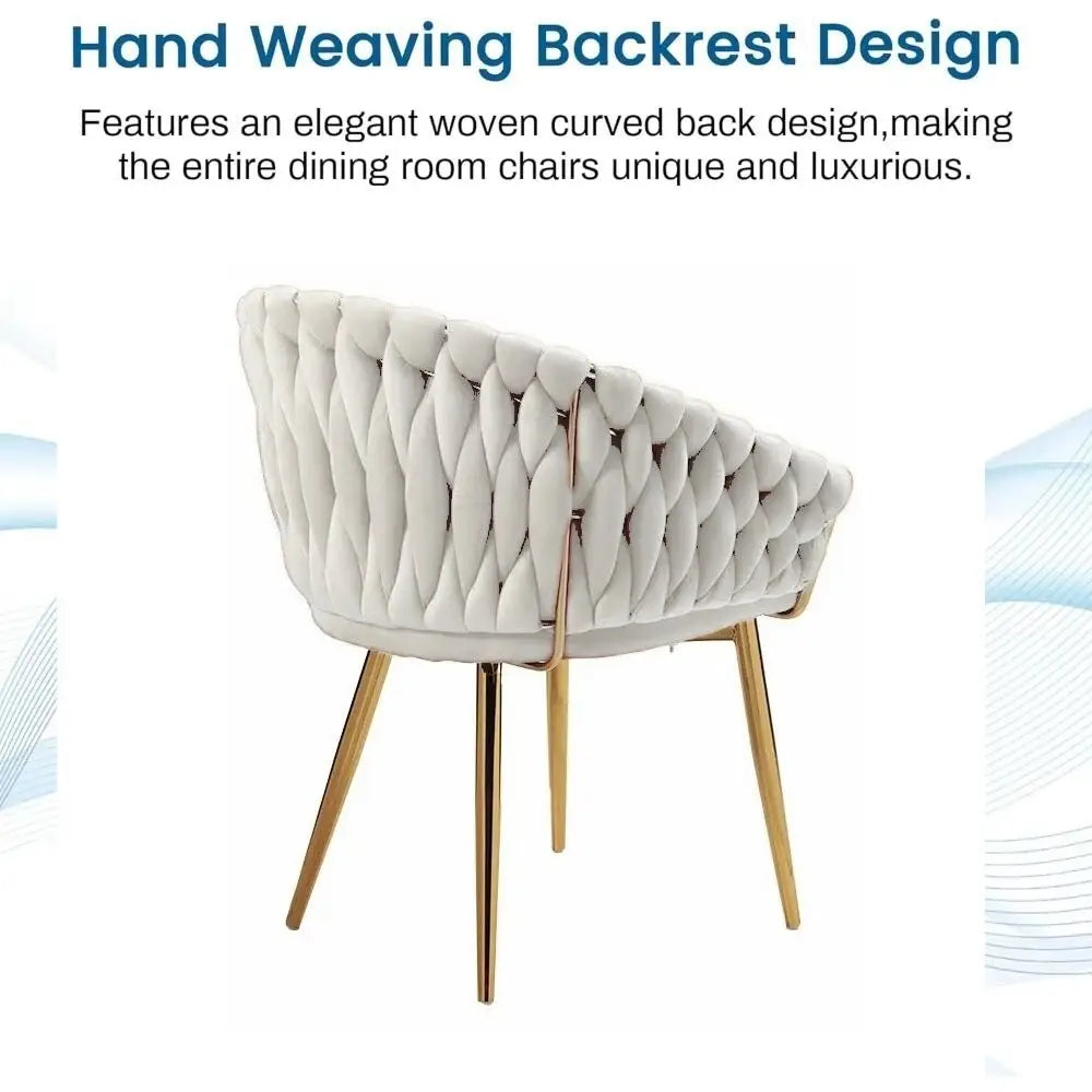 Serenità Ivory Modern Velvet Dining Chairs Upholstered Living Room Chair with Woven Back and Golden Metal Legs