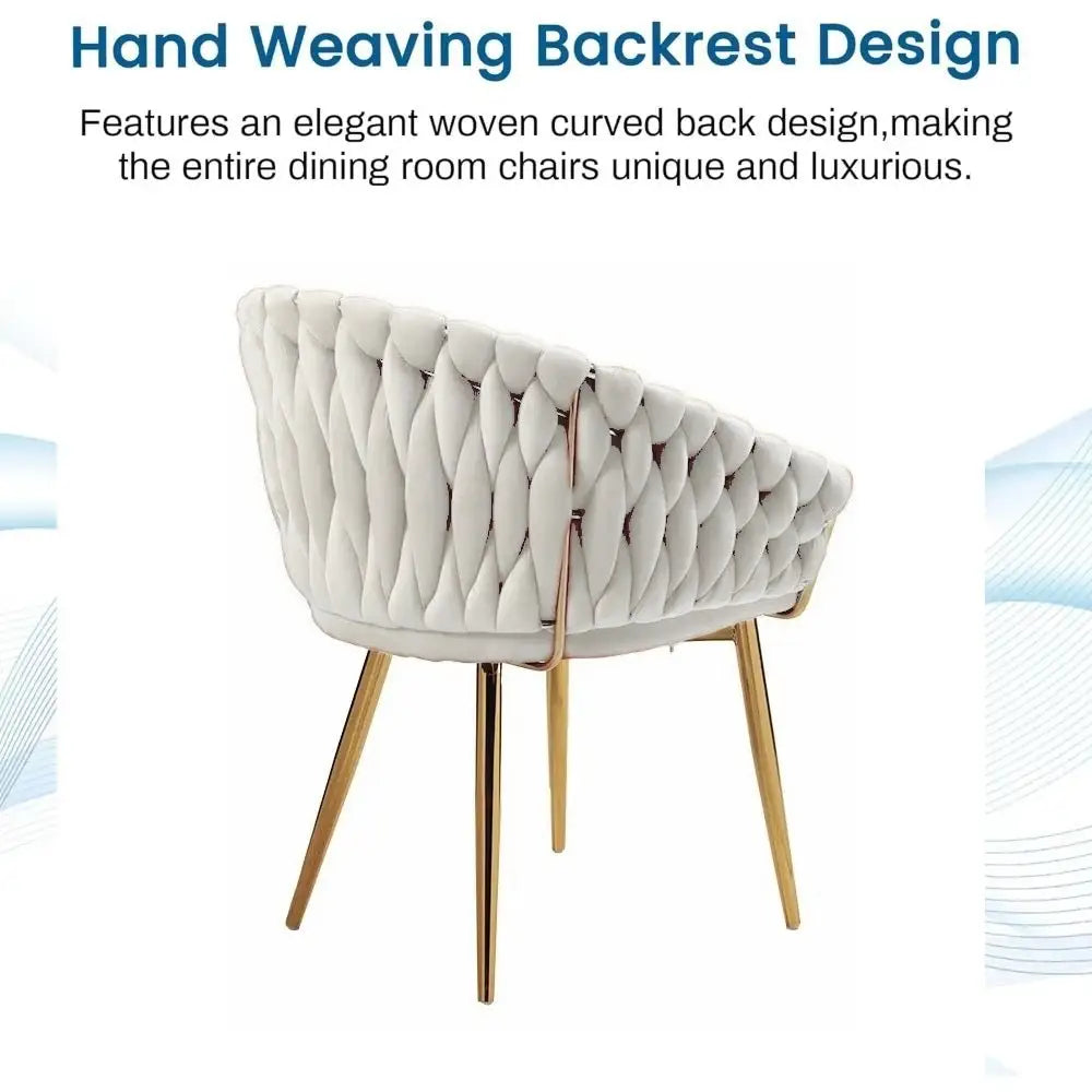Serenità Ivory Modern Velvet Dining Chairs Upholstered Living Room Chair with Woven Back and Golden Metal Legs