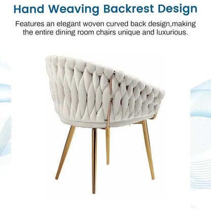 Serenità Ivory Modern Velvet Dining Chairs Upholstered Living Room Chair with Woven Back and Golden Metal Legs