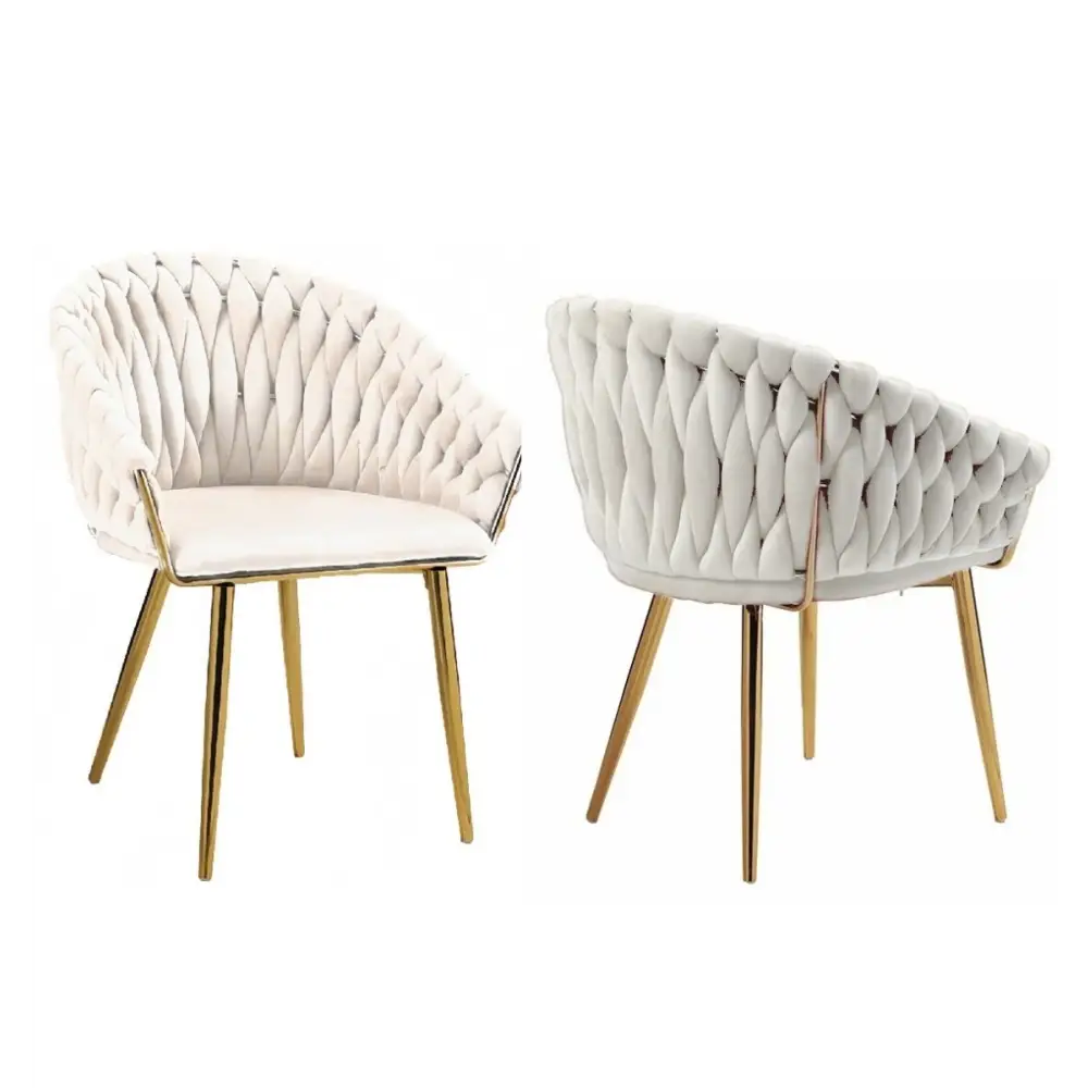 Serenità Ivory Modern Velvet Dining Chairs Upholstered Living Room Chair with Woven Back and Golden Metal Legs
