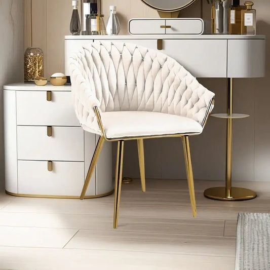 Serenità Ivory Modern Velvet Dining Chairs Upholstered Living Room Chair with Woven Back and Golden Metal Legs