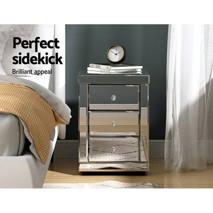 Set of 2 Bedside Table 3 Drawers Mirrored Glass - Presia Silver