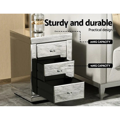 Set of 2 Bedside Table 3 Drawers Mirrored Glass - Presia Silver