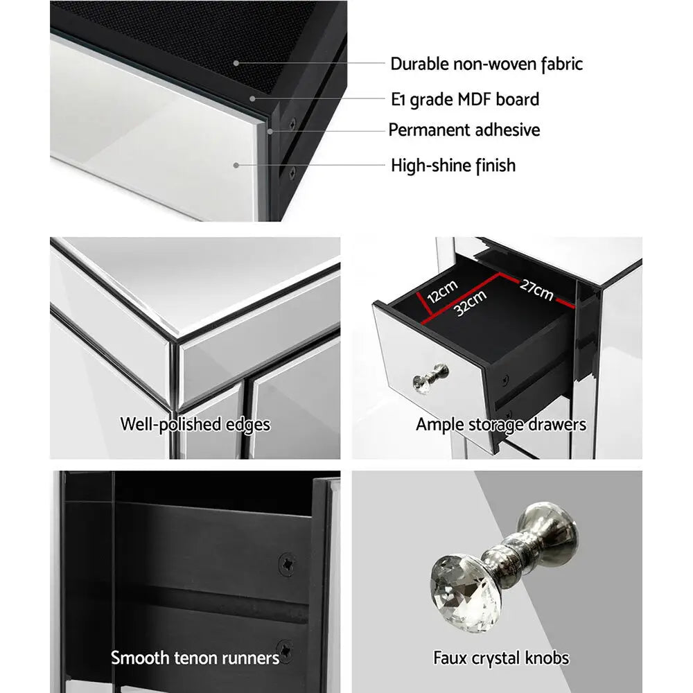 Set of 2 Bedside Table 3 Drawers Mirrored Glass - Presia Silver