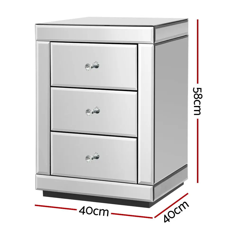 Set of 2 Bedside Table 3 Drawers Mirrored Glass - Presia Silver