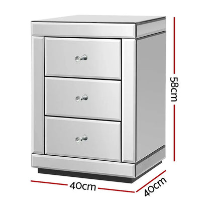 Set of 2 Bedside Table 3 Drawers Mirrored Glass - Presia Silver