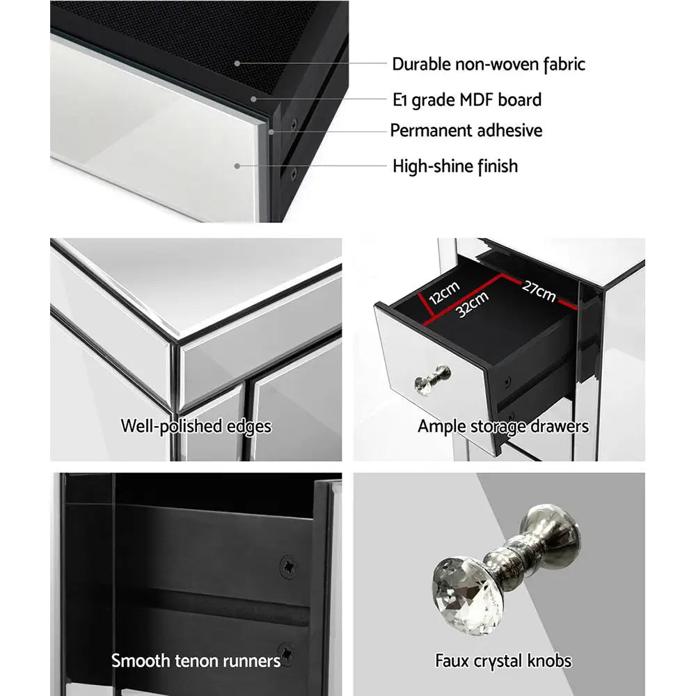 Set of 2 Bedside Table 3 Drawers Mirrored Glass - Presia Silver