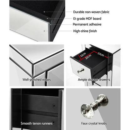 Set of 2 Bedside Table 3 Drawers Mirrored Glass - Presia Silver