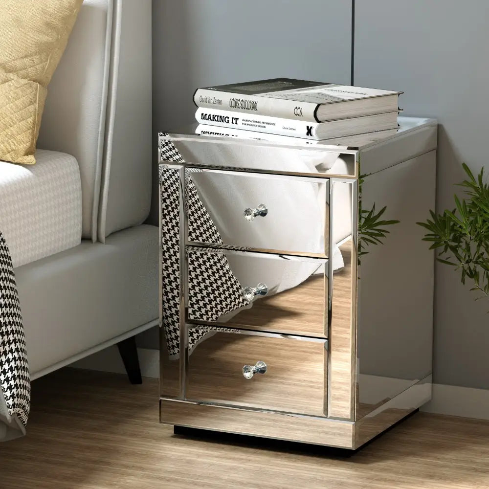 Set of 2 Bedside Table 3 Drawers Mirrored Glass - Presia Silver
