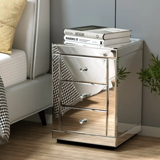 Set of 2 Bedside Table 3 Drawers Mirrored Glass - Presia Silver
