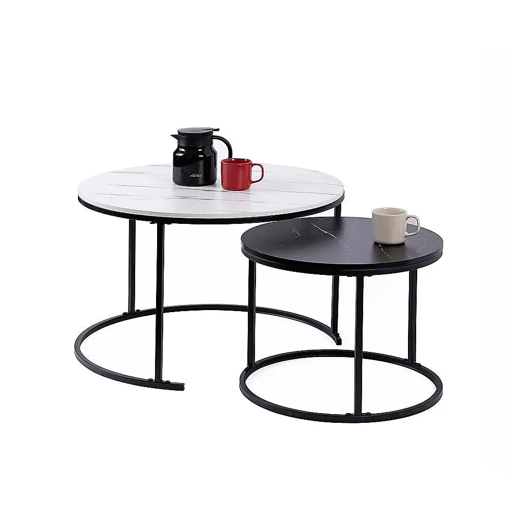 Set of 2 Coffee Table Round Marble Nesting Side End Furniture