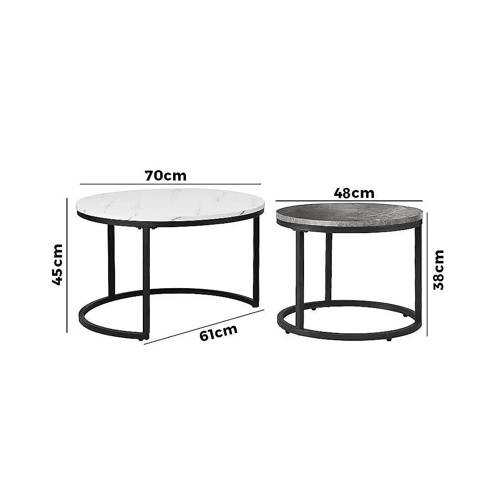 Set of 2 Coffee Table Round Marble Nesting Side End Furniture