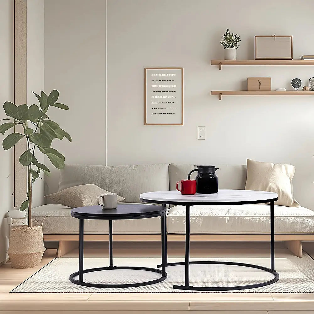 Set of 2 Coffee Table Round Marble Nesting Side End Furniture