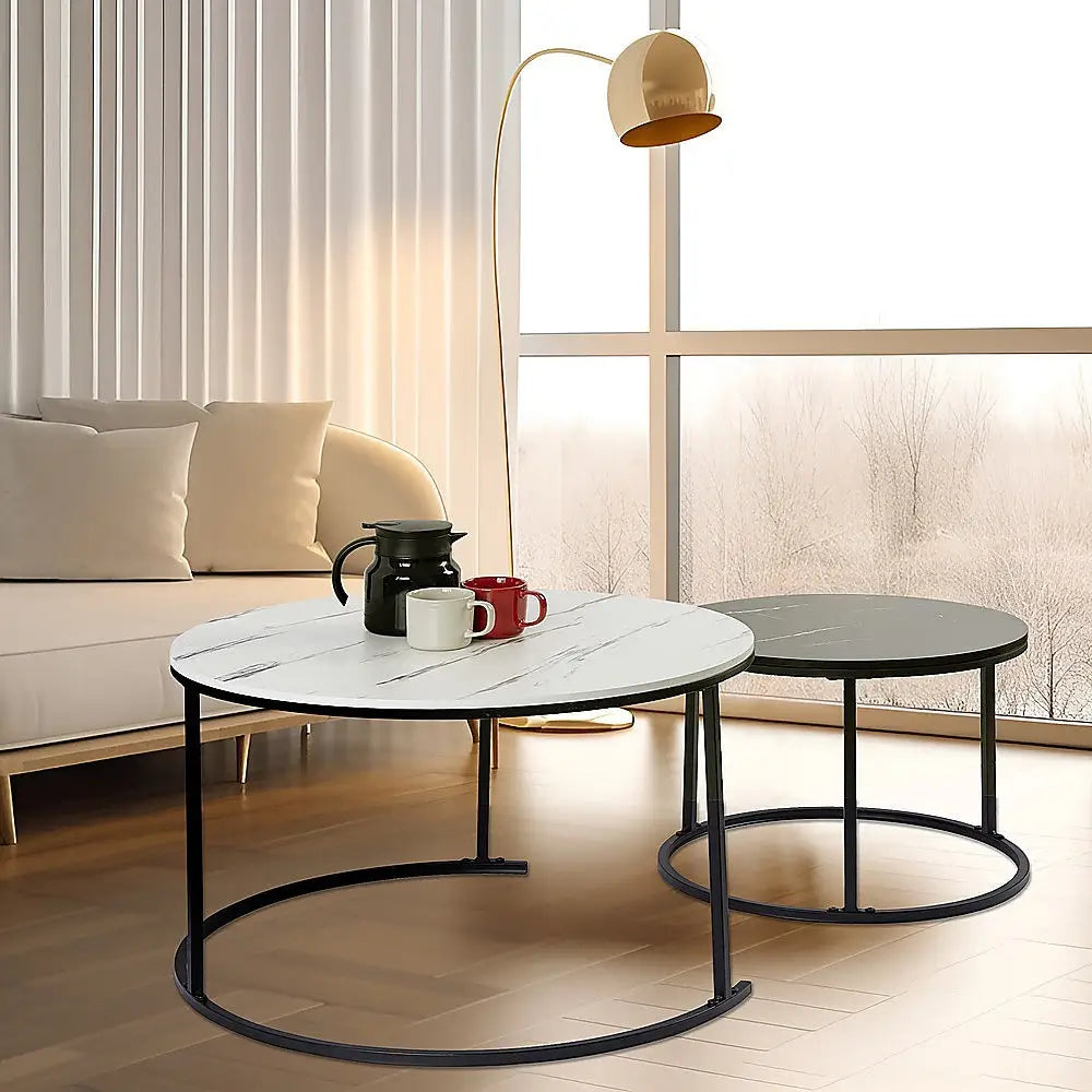 Set of 2 Coffee Table Round Marble Nesting Side End Furniture