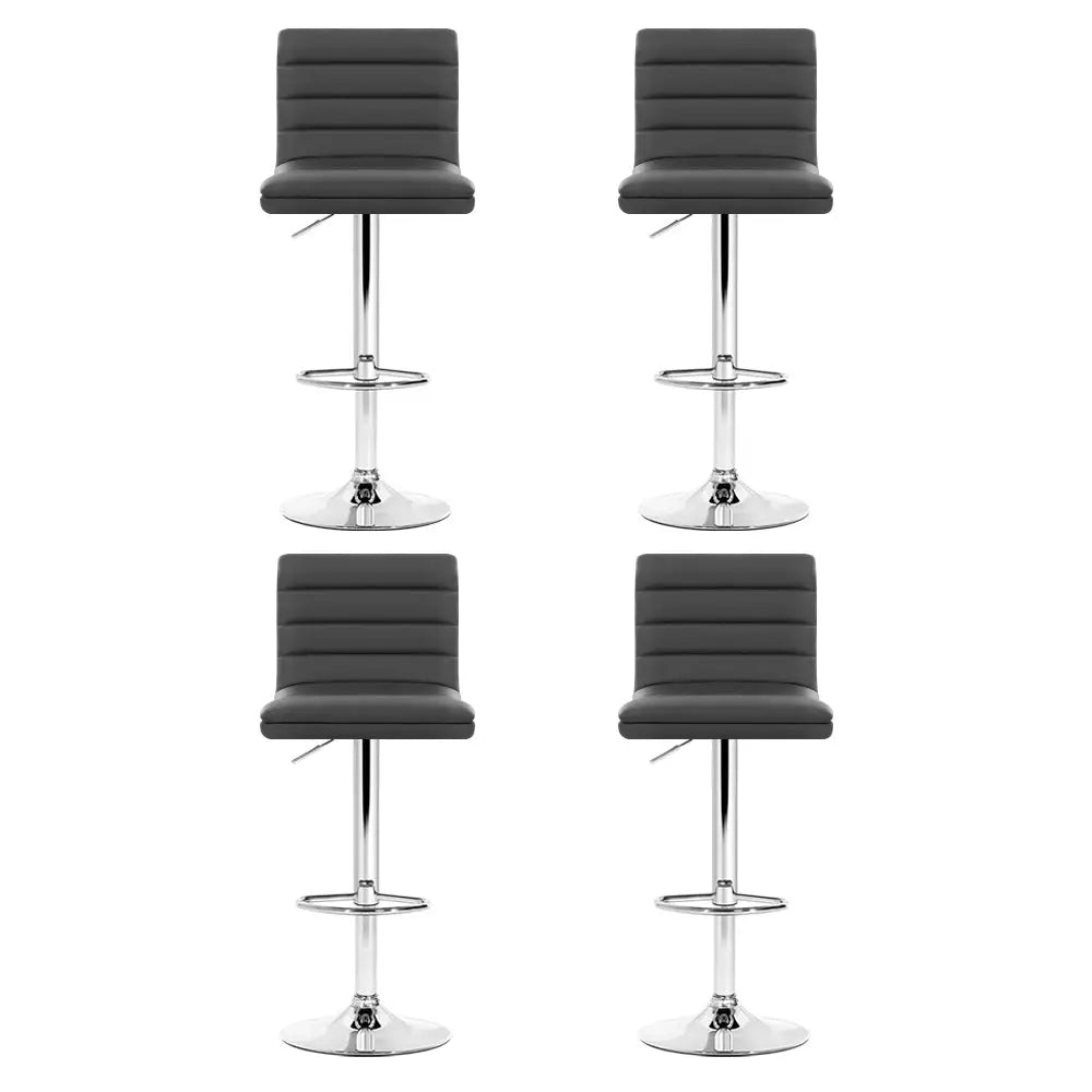 Set of 4 Pu Leather Lined Pattern Bar Stools- Grey and Chrome