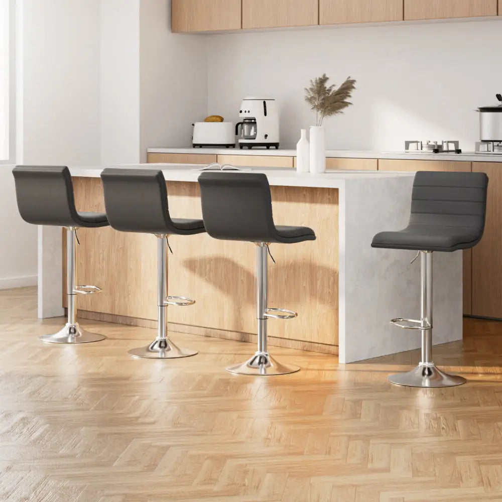 Set of 4 Pu Leather Lined Pattern Bar Stools- Grey and Chrome