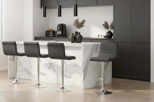 Set of 4 PU Leather Lined Pattern Bar Stools- Grey and Chrome