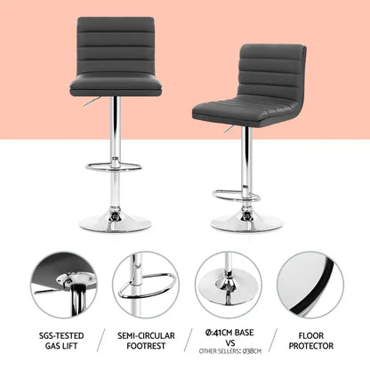 Set of 4 Pu Leather Lined Pattern Bar Stools- Grey and Chrome