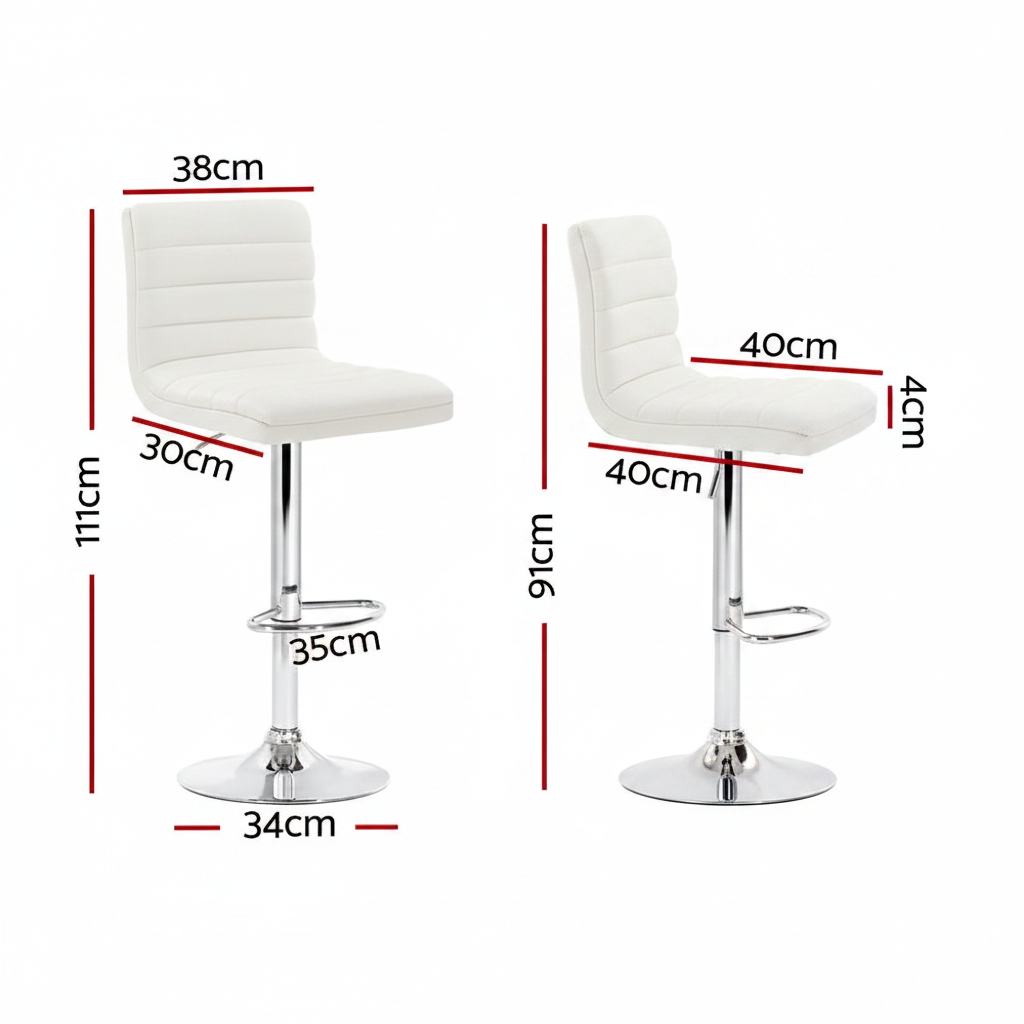 Two views of a white upholstered bar stool with chrome pedestal base and footrest, overlaid with red dimension lines and measurements on a light gray background.