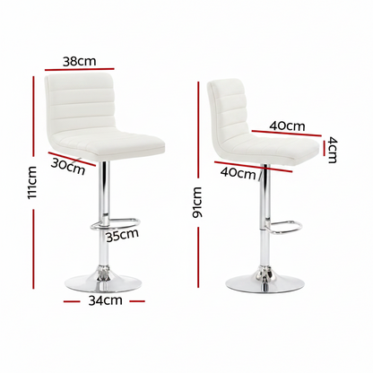 Two views of a white upholstered bar stool with chrome pedestal base and footrest, overlaid with red dimension lines and measurements on a light gray background.