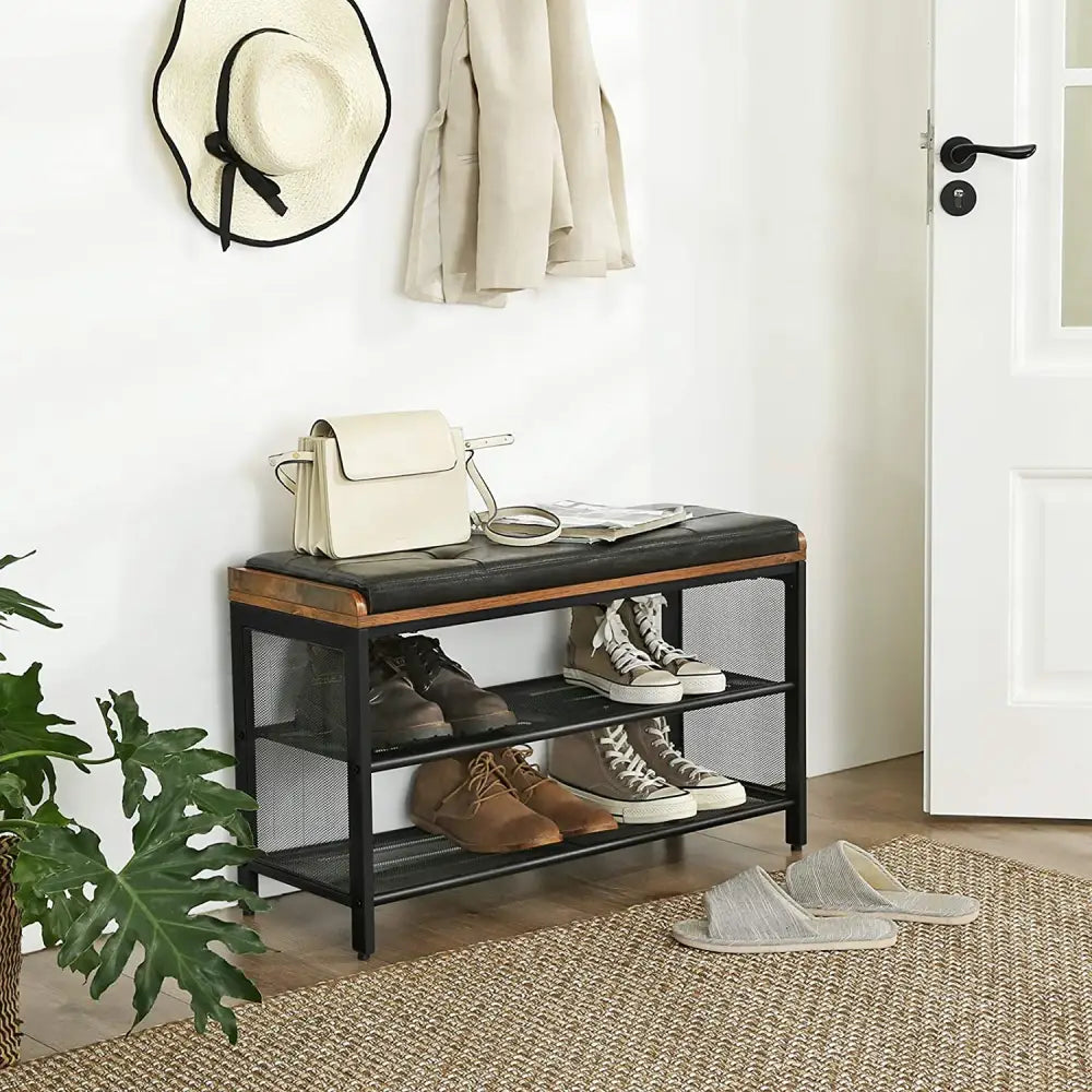 Shoe Bench with Mesh Shelf and Faux Leather Vintage Brown Black 80 x 30 48 Cm | Black Metal Shoe Rack Leather