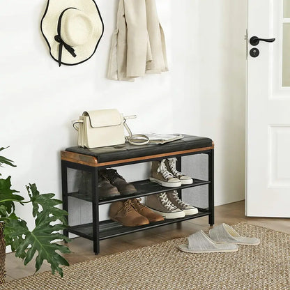 Shoe Bench with Mesh Shelf and Faux Leather Vintage Brown Black 80 x 30 48 Cm | Black Metal Shoe Rack Leather