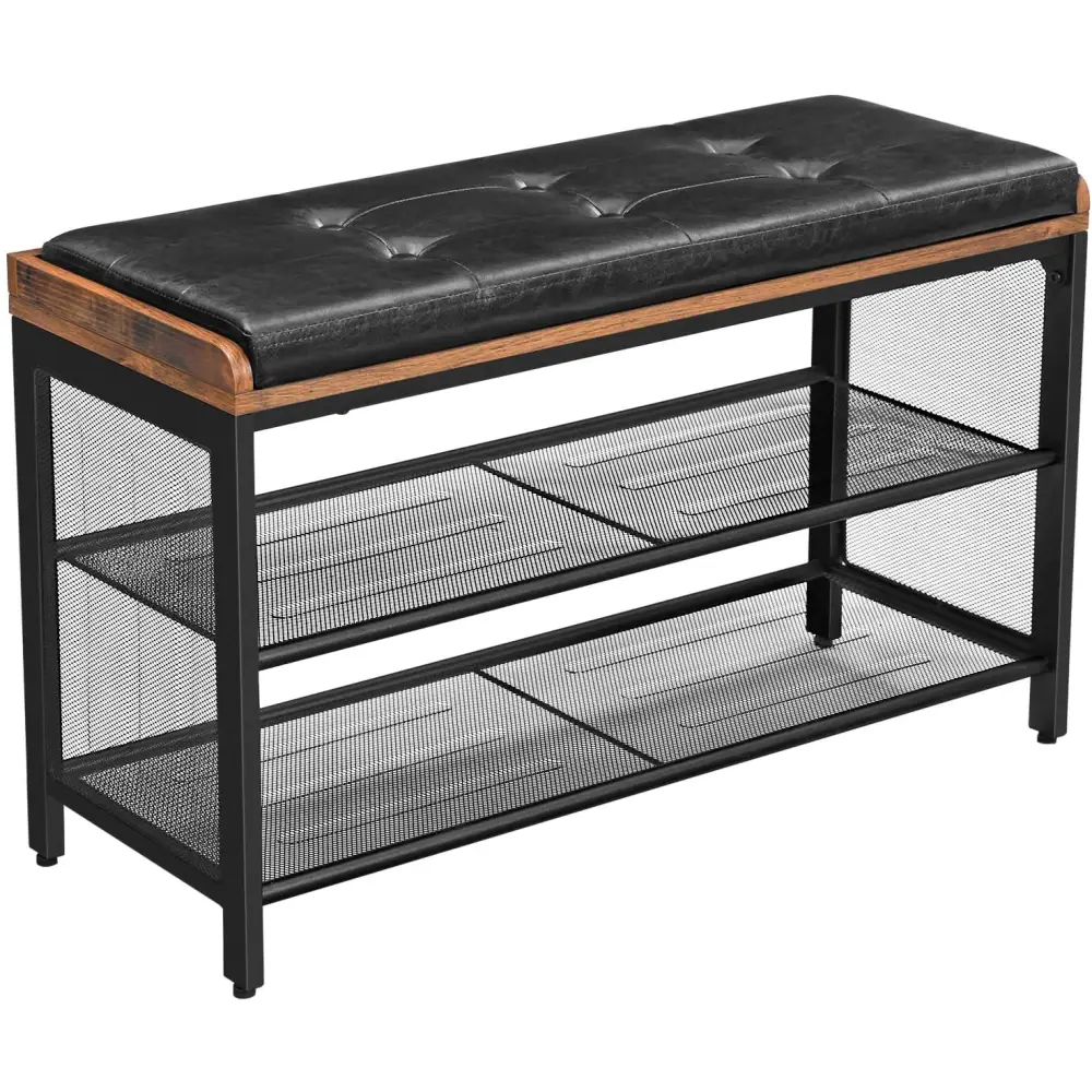 Shoe Bench with Mesh Shelf and Faux Leather Vintage Brown Black 80 x 30 48 Cm | Black Tufted Leather Seat Wooden
