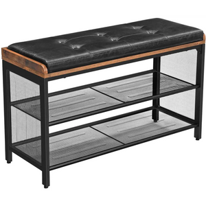 Shoe Bench with Mesh Shelf and Faux Leather Vintage Brown Black 80 x 30 48 Cm | Black Tufted Leather Seat Wooden