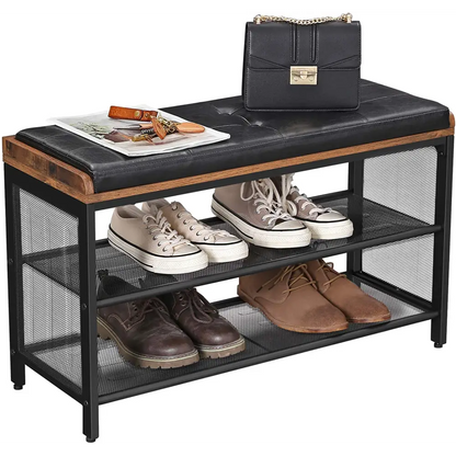 Shoe Bench with Mesh Shelf and Faux Leather Vintage Brown Black 80 x 30 48 Cm | Black Leather-topped Shoe Rack Mesh
