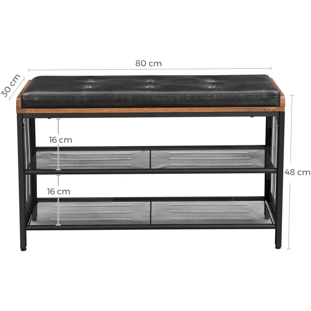 Shoe Bench with Mesh Shelf and Faux Leather Vintage Brown Black 80 x 30 48 Cm | Black Tufted Leather Wooden Trim