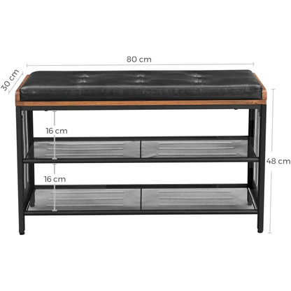 Shoe Bench with Mesh Shelf and Faux Leather Vintage Brown Black 80 x 30 48 Cm | Black Tufted Leather Wooden Trim