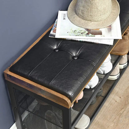 Shoe Bench with Mesh Shelf and Faux Leather Vintage Brown Black 80 x 30 48 Cm | Black Tufted Leather Seat Wooden