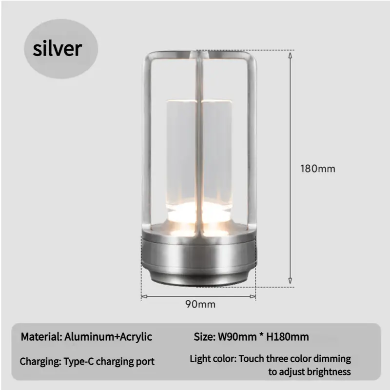 Silver Rechargeable Table Lamp - Touch Dimming 3-color Led Light for Bedroom and Office