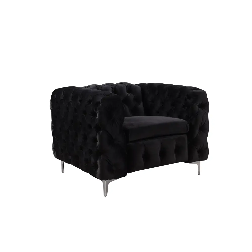 Single Seater Black Sofa Classic Armchair Button Tufted in Velvet Fabric with Metal Legs