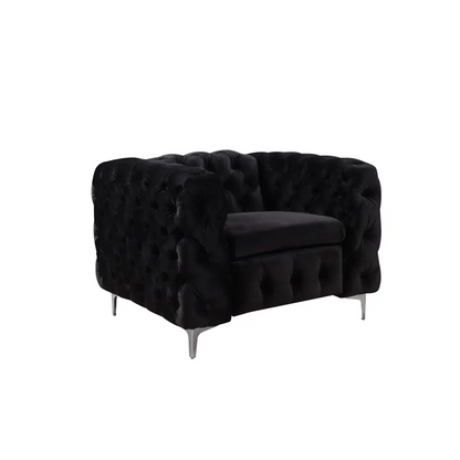 Single Seater Black Sofa Classic Armchair Button Tufted in Velvet Fabric with Metal Legs