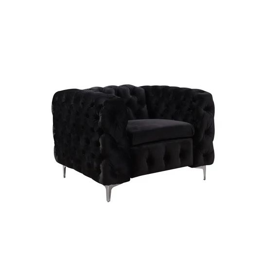 Single Seater Black Sofa Classic Armchair Button Tufted in Velvet Fabric with Metal Legs