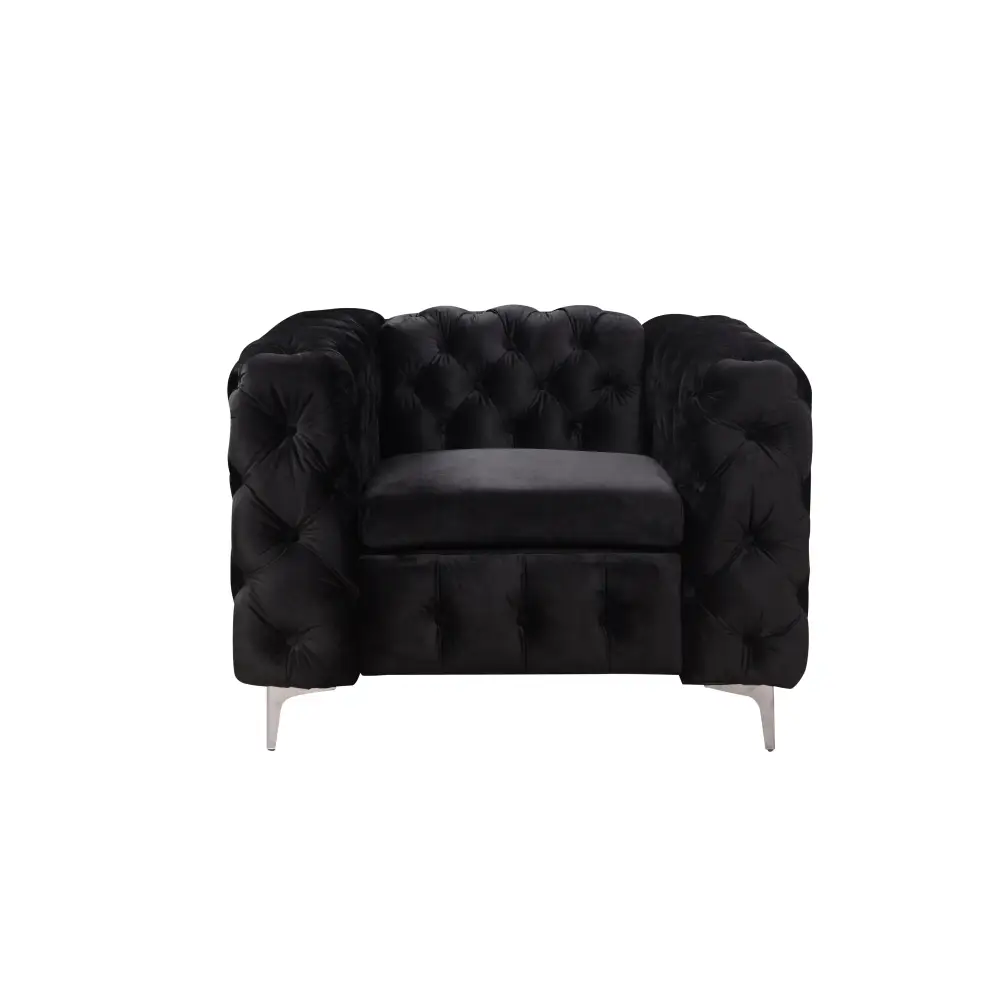 Single Seater Black Sofa Classic Armchair Button Tufted in Velvet Fabric with Metal Legs