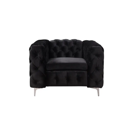 Single Seater Black Sofa Classic Armchair Button Tufted in Velvet Fabric with Metal Legs