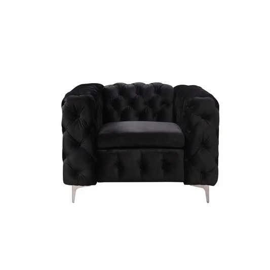 Single Seater Black Sofa Classic Armchair Button Tufted in Velvet Fabric with Metal Legs
