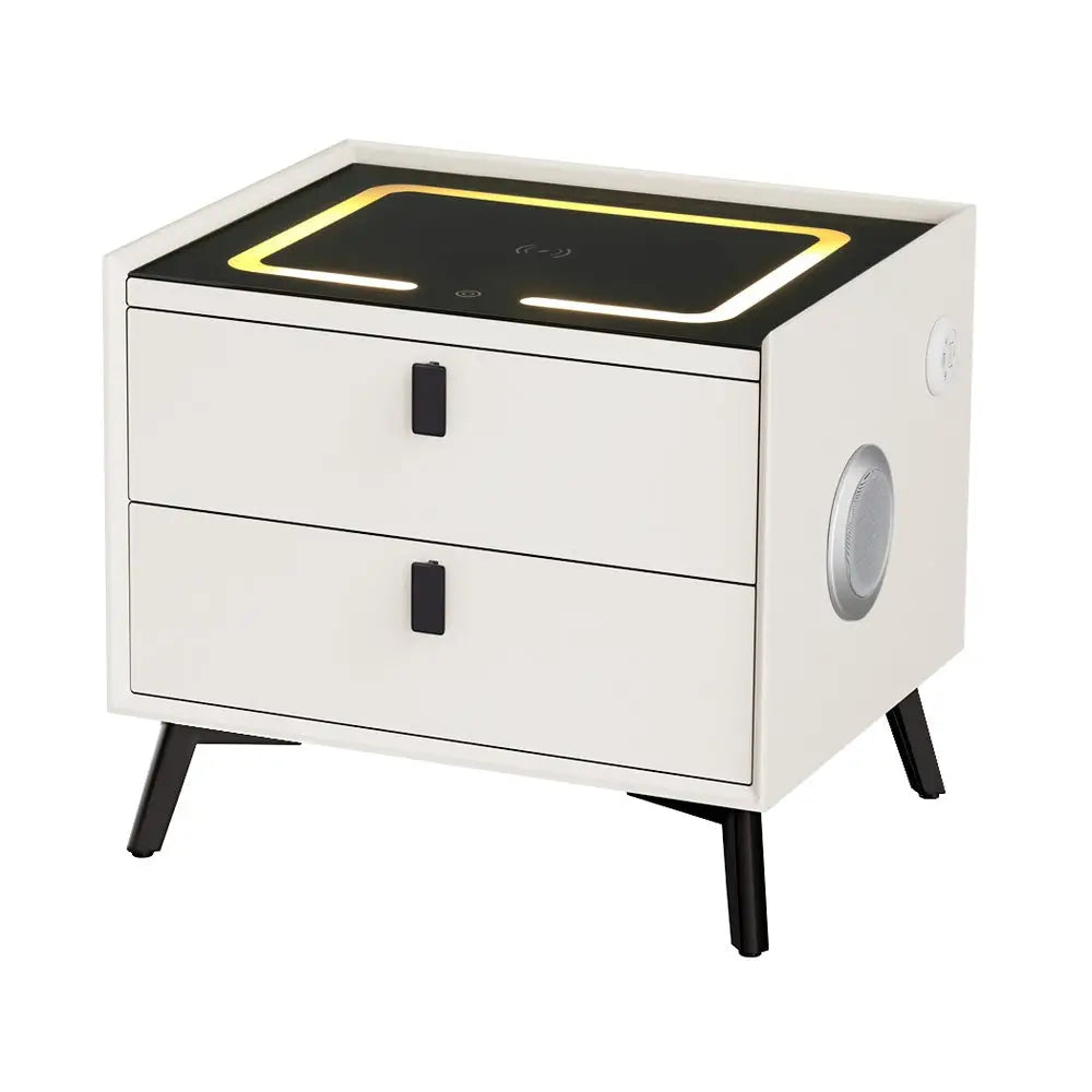 Smart Bedside Table 2 Drawers with Wireless Charging Ports Led White Aika
