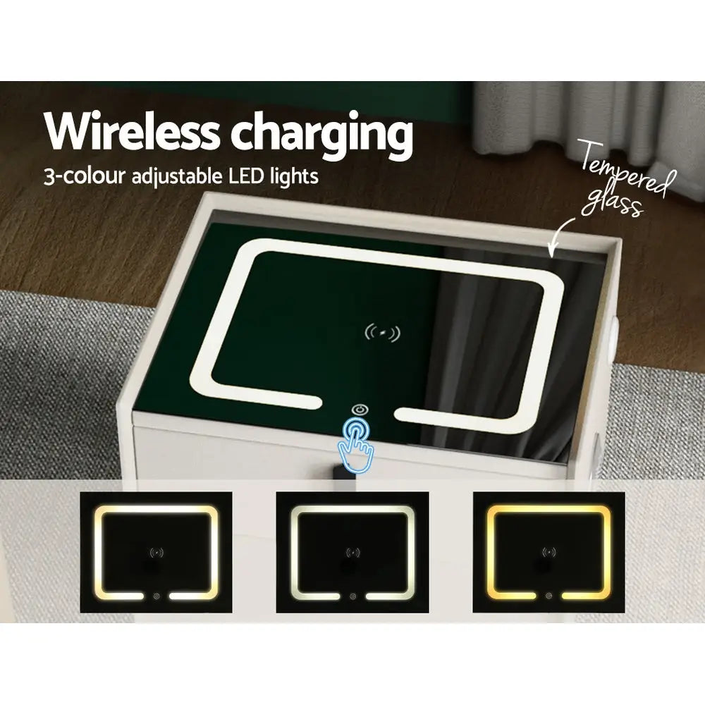 Smart Bedside Table 2 Drawers with Wireless Charging Ports Led White Aika