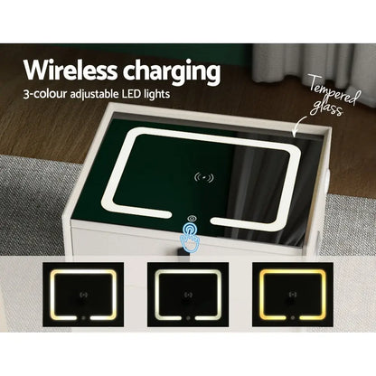 Smart Bedside Table 2 Drawers with Wireless Charging Ports Led White Aika