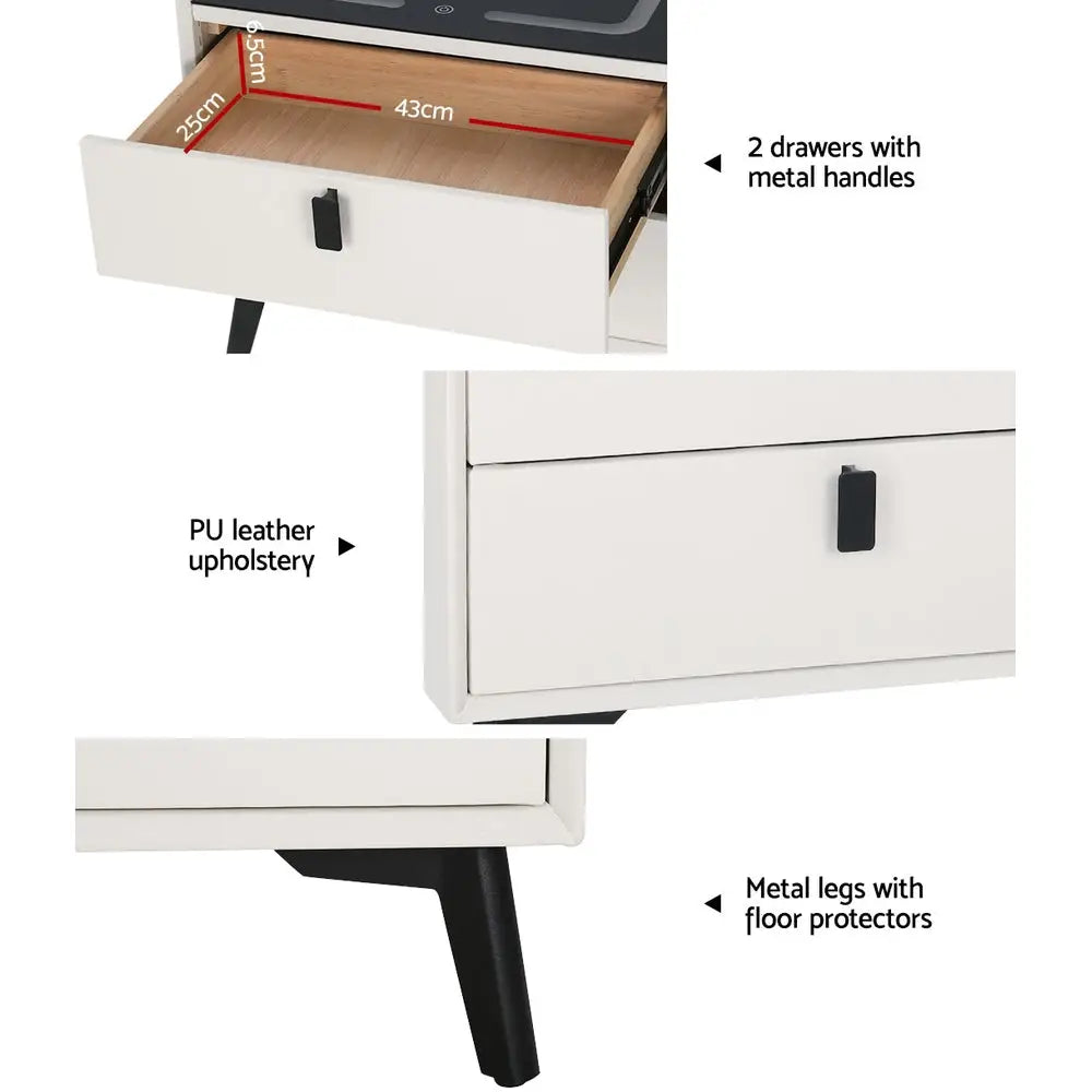 Smart Bedside Table 2 Drawers with Wireless Charging Ports Led White Aika