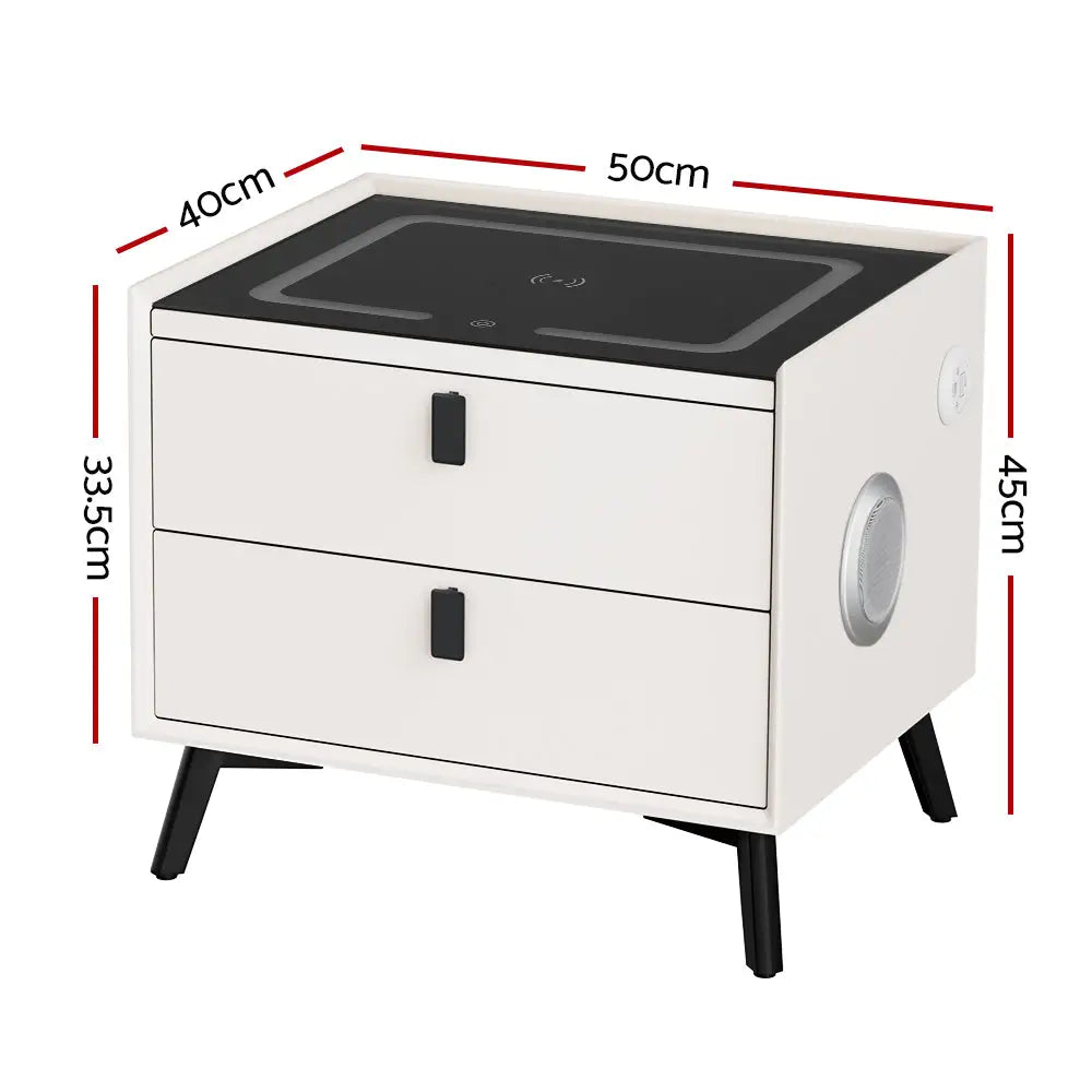 Smart Bedside Table 2 Drawers with Wireless Charging Ports Led White Aika