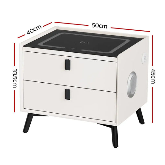 Smart Bedside Table 2 Drawers with Wireless Charging Ports Led White Aika