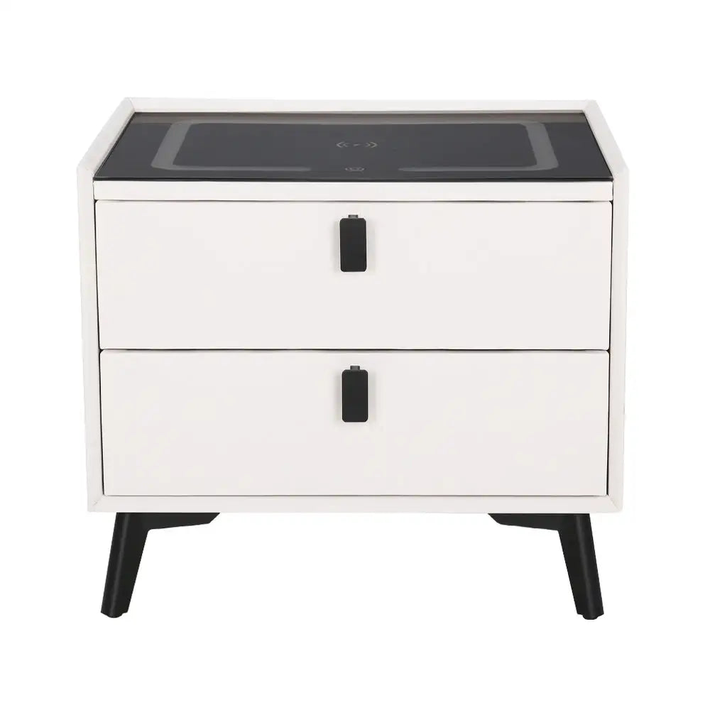 Smart Bedside Table 2 Drawers with Wireless Charging Ports Led White Aika