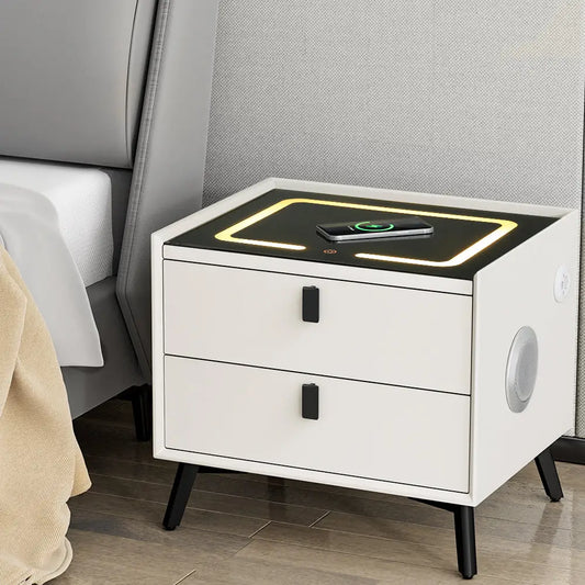 Smart Bedside Table 2 Drawers with Wireless Charging Ports Led White Aika